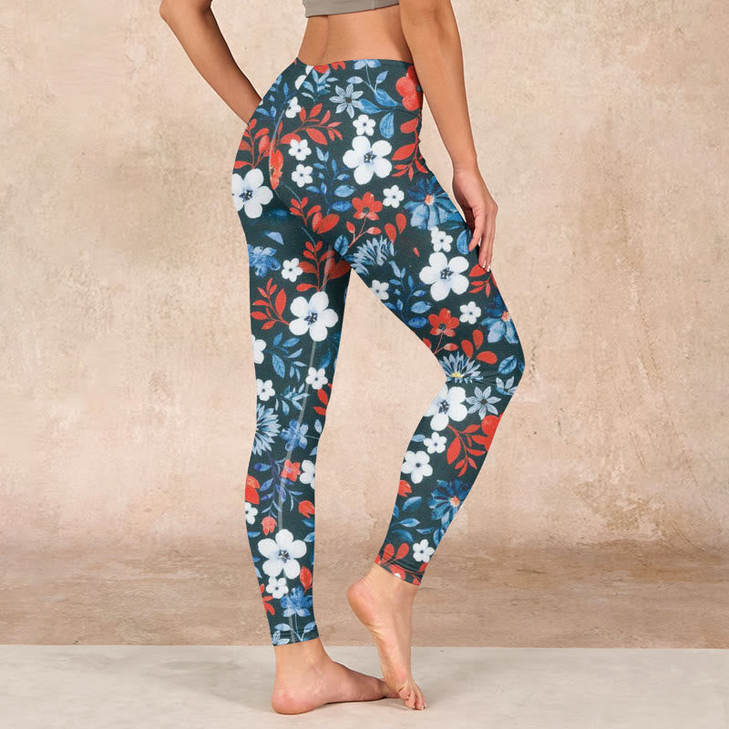 Red White Flower Dandelion Print Gym Fitness Leggings Women's Yoga Pants