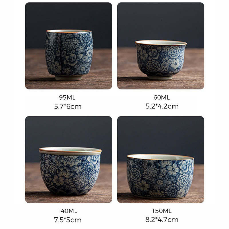 Blue Lotus Peach Blossom Chrysanthemum Design Ceramic Teacup Kung Fu Tea Cups