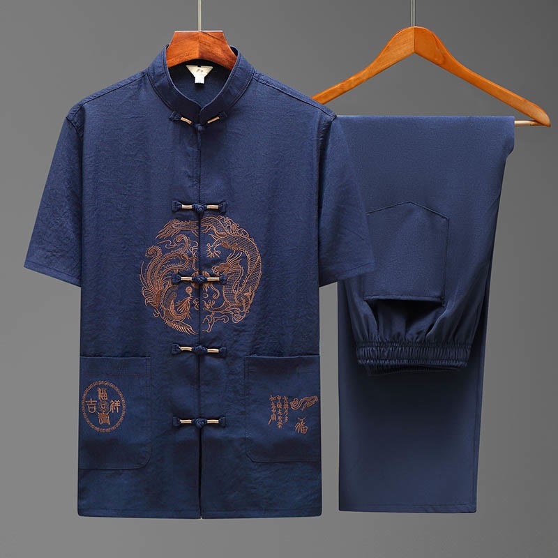 Dragon Fu Character Tang Suit Traditional Short Sleeve Shirt Wide Leg Pants Clothing Men's Set
