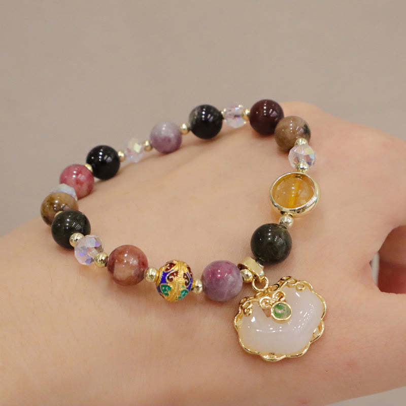 Strawberry Quartz Green Crystal Amethyst Healing Chinese Lock Charm Bracelet