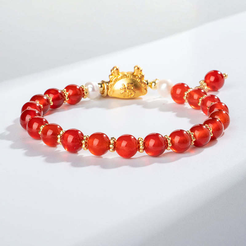 Year Of The Dragon Natural Red Agate Pink Crystal Black Onyx Dumpling Luck Fu Character Bracelet