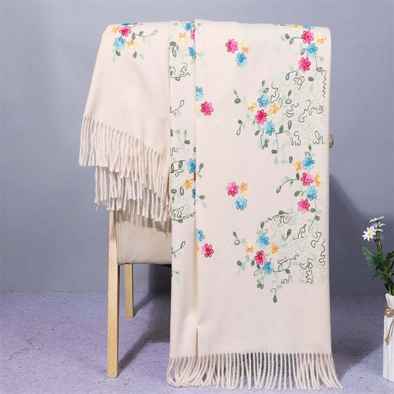 Rayon Fabric Shawl Colorful Small Flowers Embroidery Tassel Winter Cozy Travel Scarf Wrap