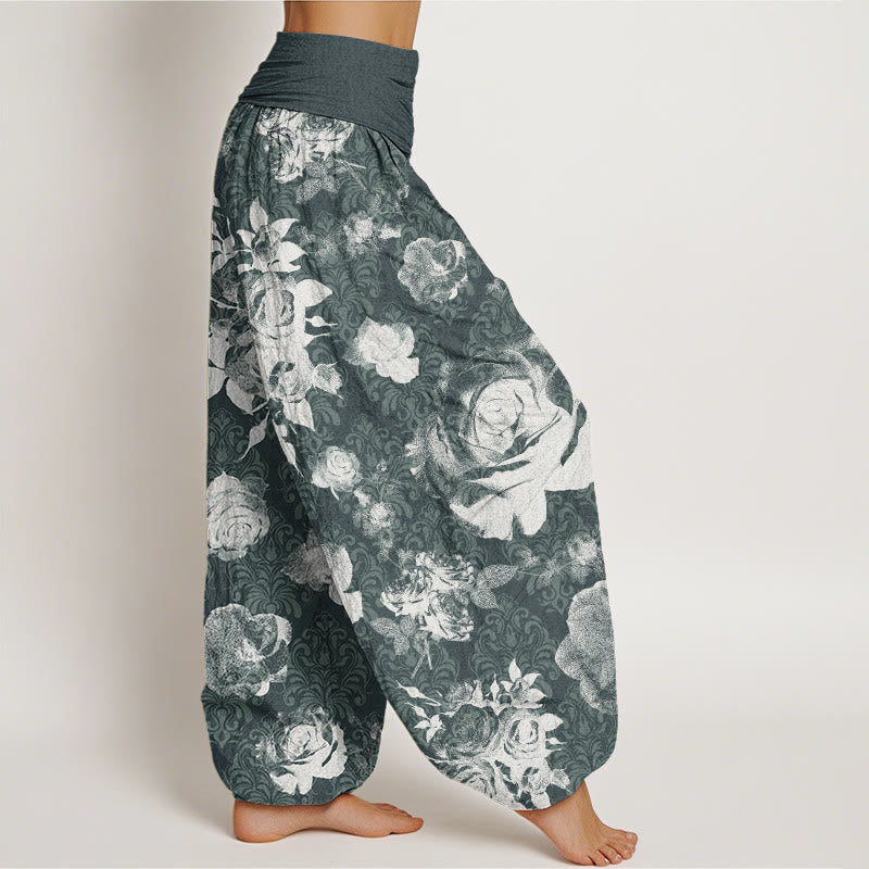 Casual White Roses Women's Elastic Waist Harem Pants
