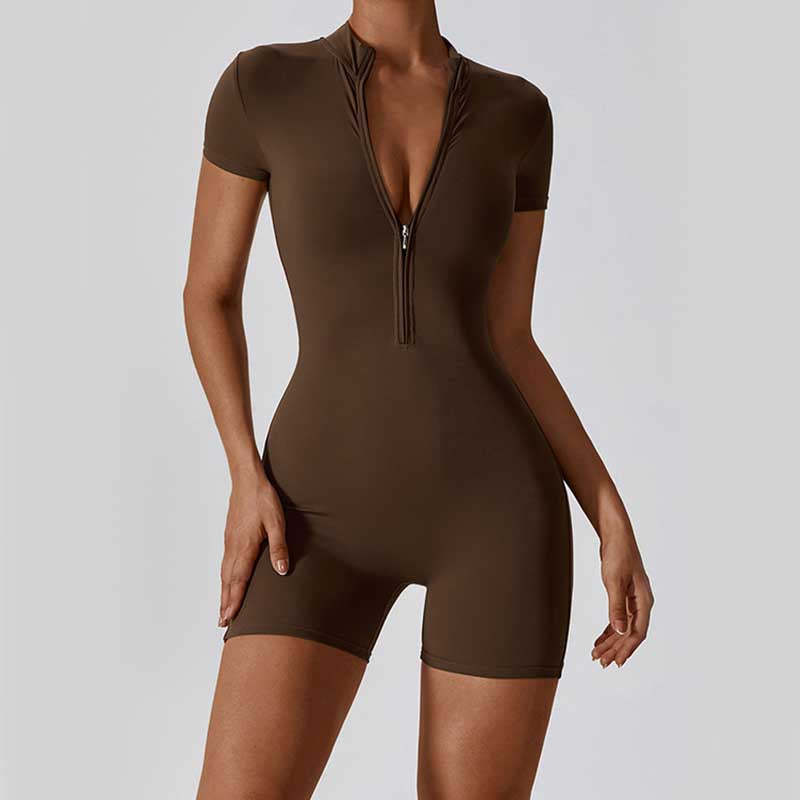 High Stretch Zipper Short Sleeve Jumpsuit Sports Fitness Yoga Women Bodysuit