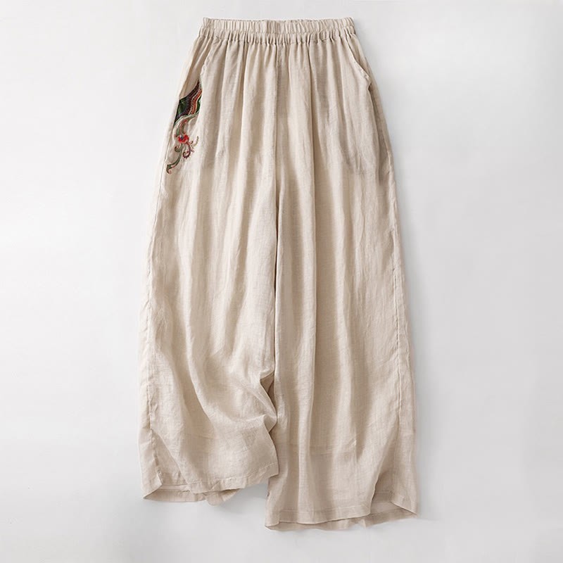 Summer Embroidery Double Layer Cotton Linen Women's Wide Leg Pants With Pockets