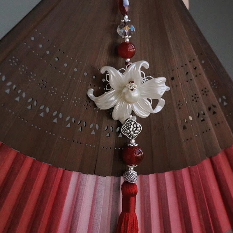 Red Lily Tassel Hollow Rib Silk Handheld Bamboo Folding Fan