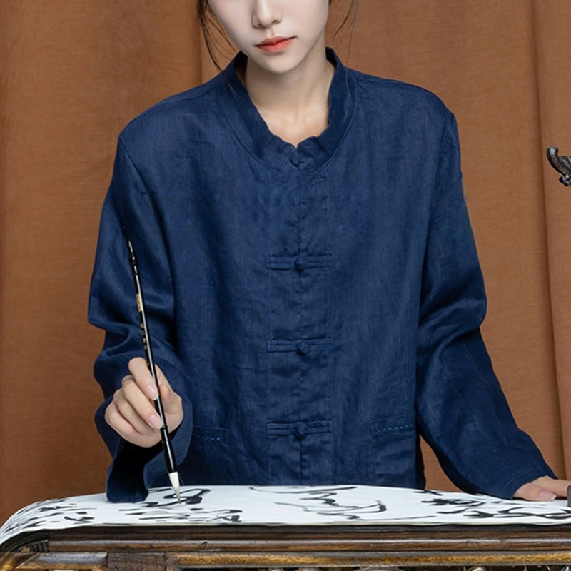 Solid Color Frog-button Long Sleeve Linen Women's Shirts With Pockets