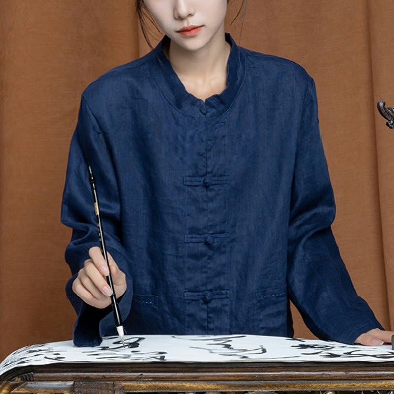 Solid Color Frog-button Long Sleeve Linen Women's Shirts With Pockets