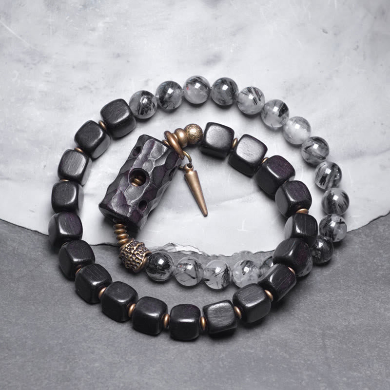 Ebony Wood Black Rutilated Quartz Copper Brass Double Wrap Balance Bracelet