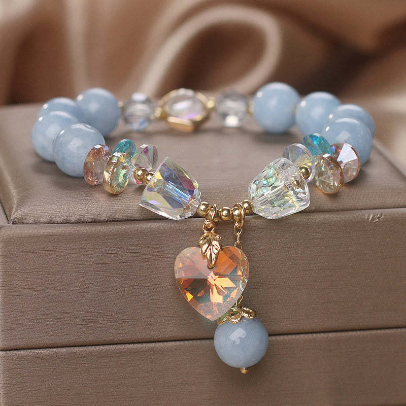 Aquamarine Green Crystal Love Heart Charm Healing Bracelet