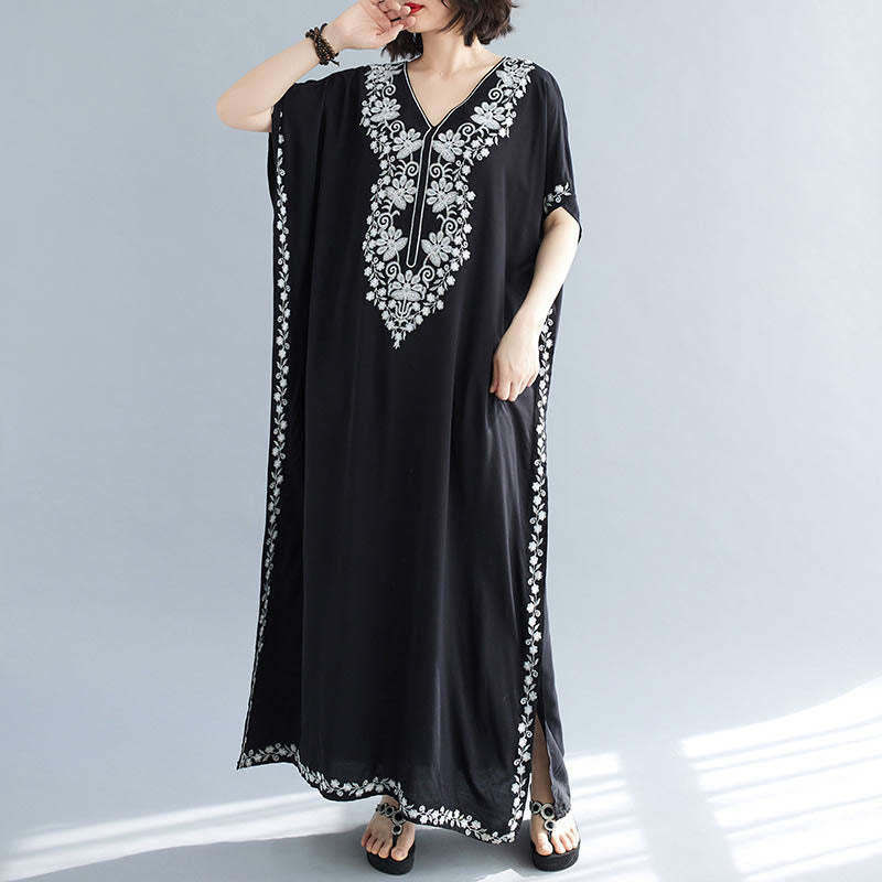 Summer Embroidery Flower V-Neck Short Sleeve Maxi Dress