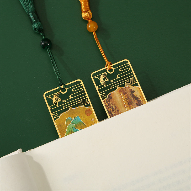 A Panorama of Rivers and Mountains Metal Hollow Bookmarks Tassel With Gift Box