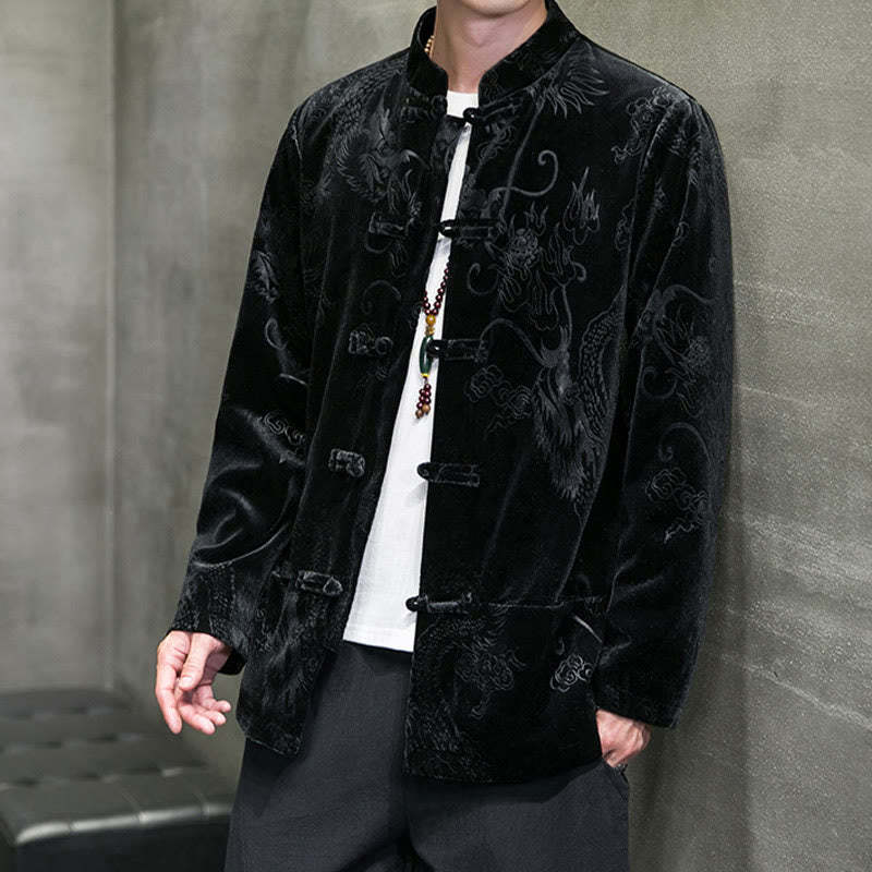 Men's Frog-button Tang Suit Dragon Pattern Lisvelte Cotton Jacket Shirt With Pockets