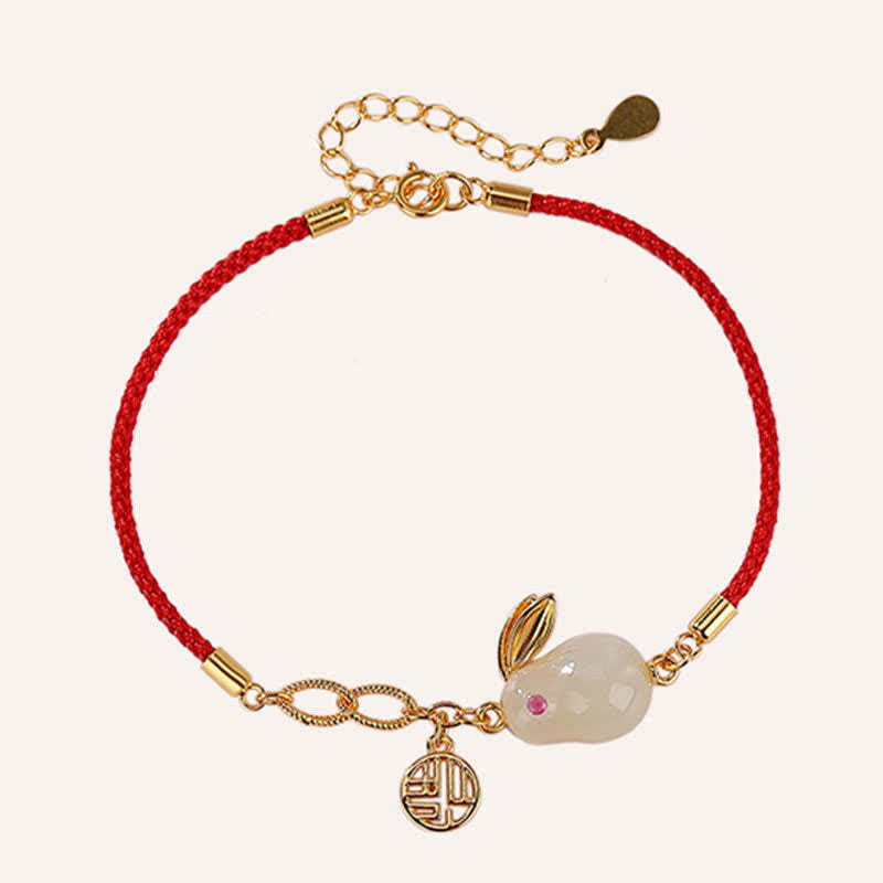 925 Sterling Silver Year of the Rabbit Hetian White Jade Luck Blessing Red String Bracelet