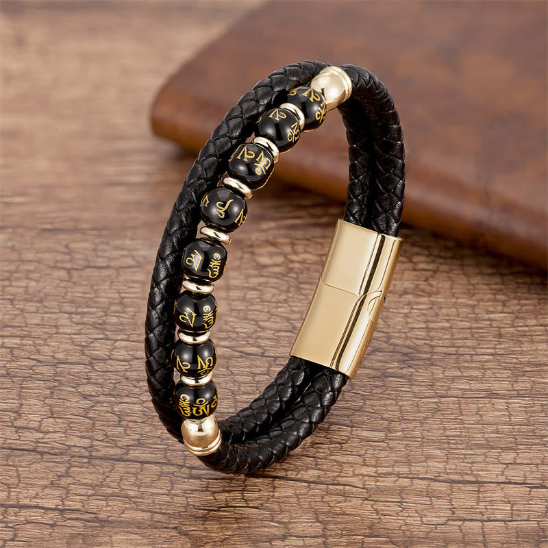 Black Onyx Turquoise Tiger Eye Red Agate Om Mani Padme Hum Strength Leather Bracelet