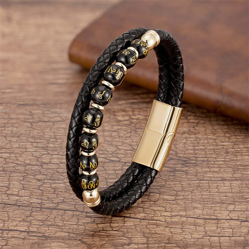 Black Onyx Turquoise Tiger Eye Red Agate Om Mani Padme Hum Strength Leather Bracelet