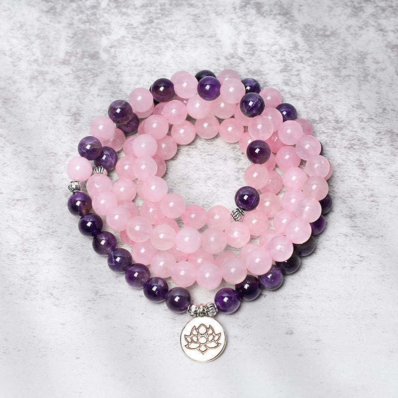 Natural Rose Quartz & Amethyst Mala Bead Lotus Pendant Bracelet