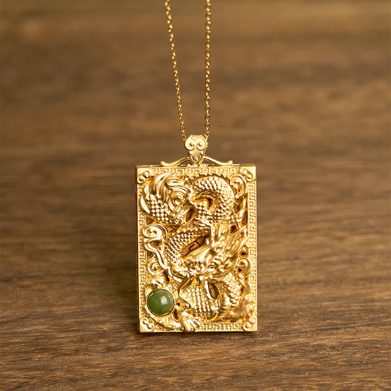 Dragon Gold Plated Copper Hetian Jade Strength Necklace Pendant