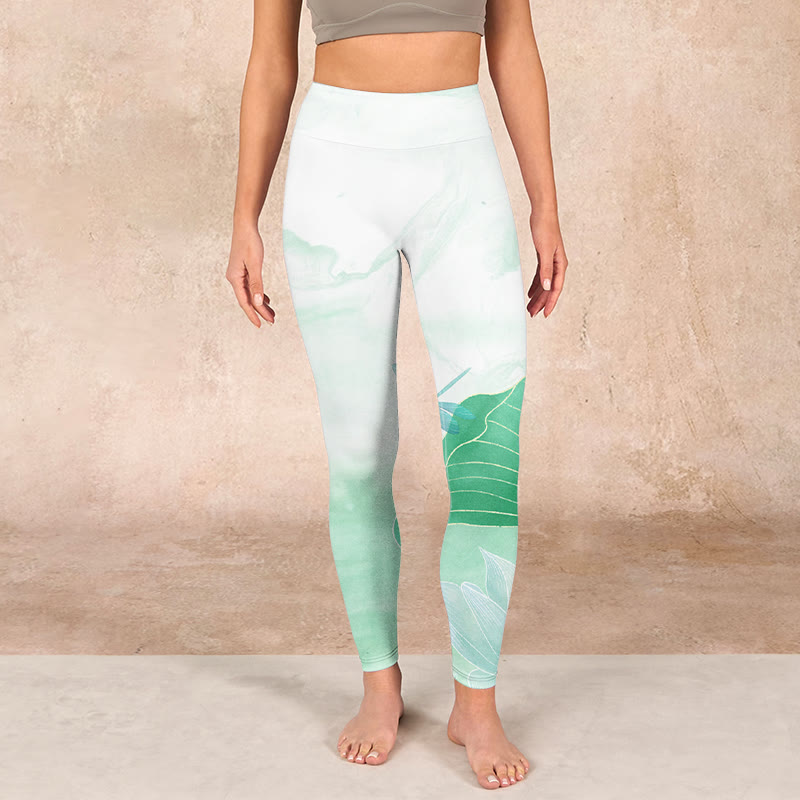 Mint Green Lotus Leaf Dragonfly Print Exercise Leggings Women's Yoga Pants