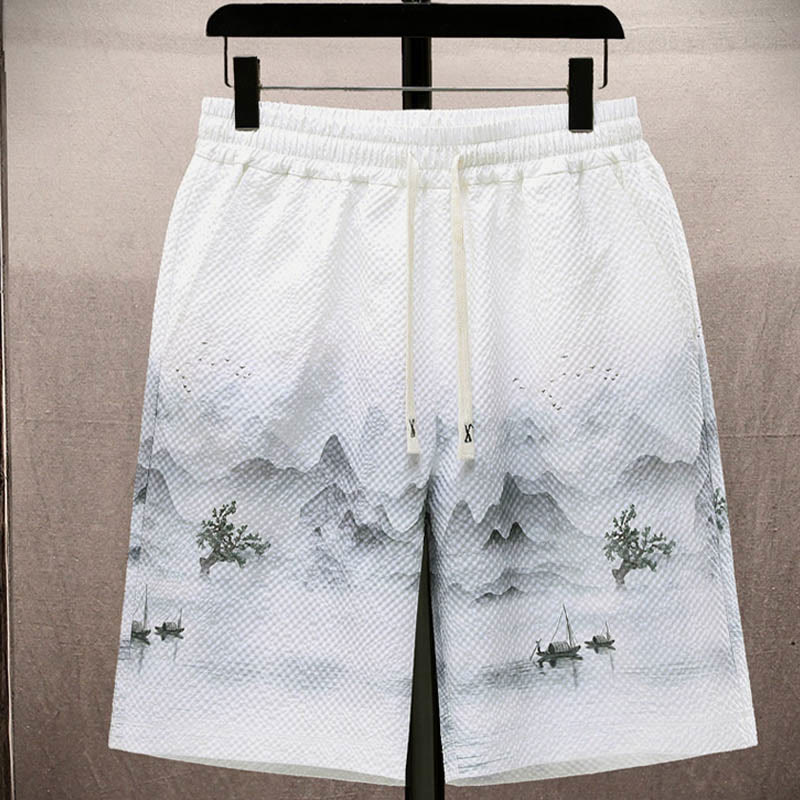 Landscape Coconut Trees Magpie Pattern Short Sleeve Shorts Men's Set
