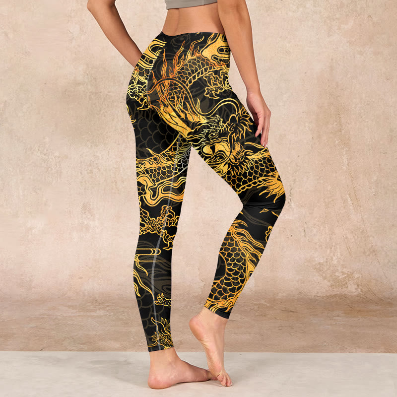 Golden Dragon Print Gym Leggings Women's Yoga Pants