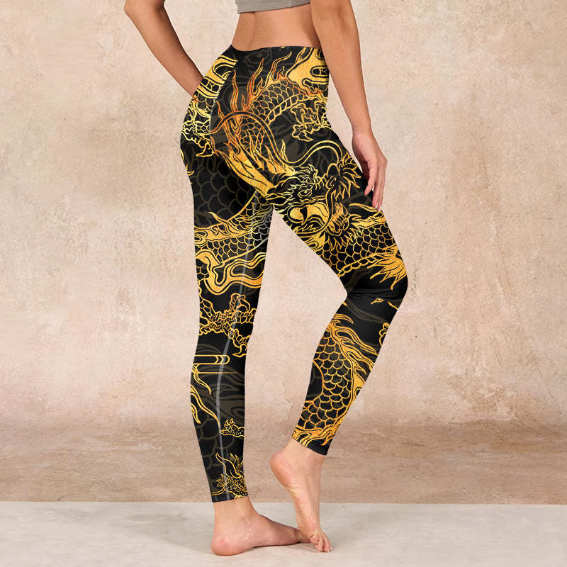 Golden Dragon Print Gym Leggings Women's Yoga Pants