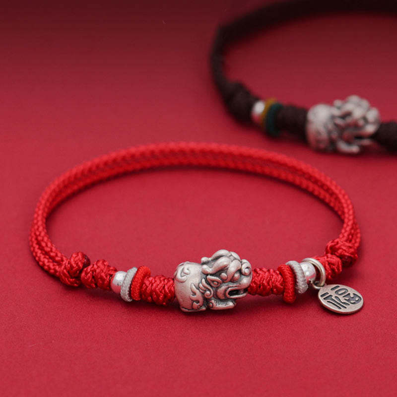 925 Sterling Silver PiXiu Fu Character Wealth Luck Handmade Braided Bracelet