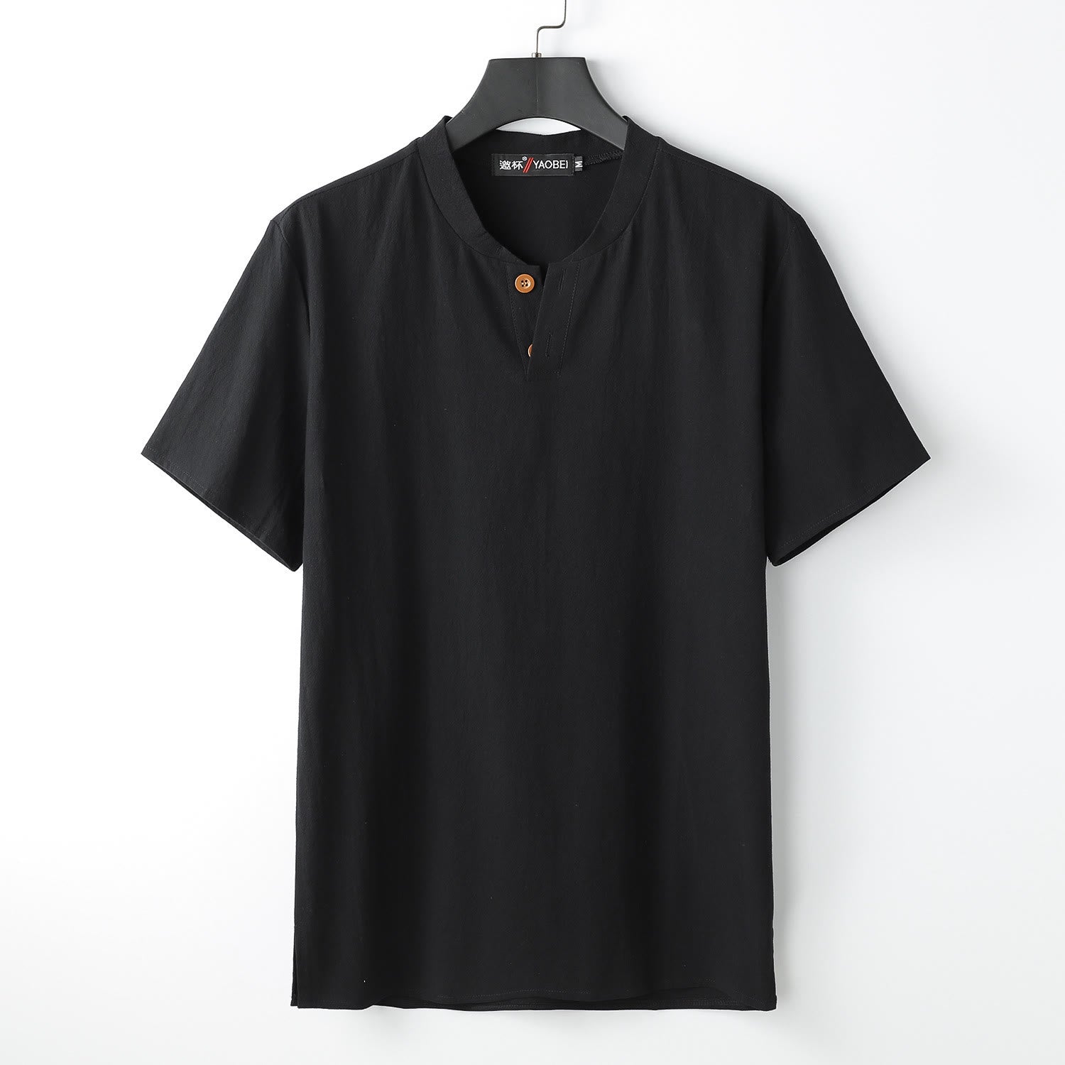 Loose Men's T-shirt Solid Color Top Short Sleeve Button Notched Neck Soft Cotton Linen Shirt