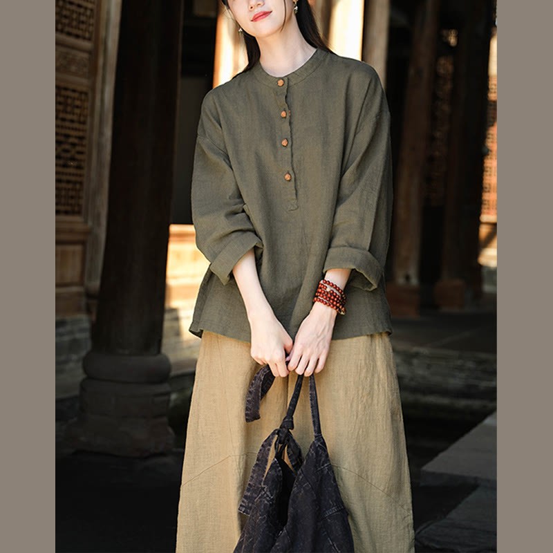 Solid Color Loose Button Blouse Long Sleeve Shirt Top