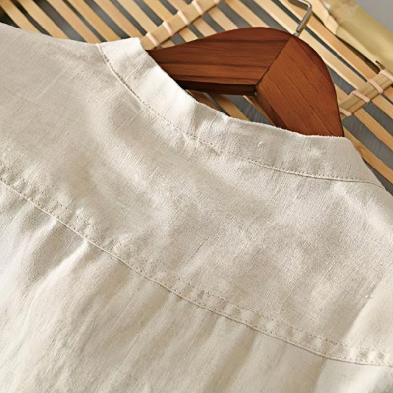 Daily Solid Color Stand Collar Half Sleeve Linen Half Button Men's Shirt