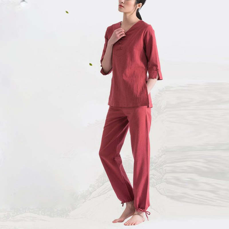 Yoga Meditation Prayer V-neck Design Cotton Linen Clothing Uniform Zen Practice Women's Set