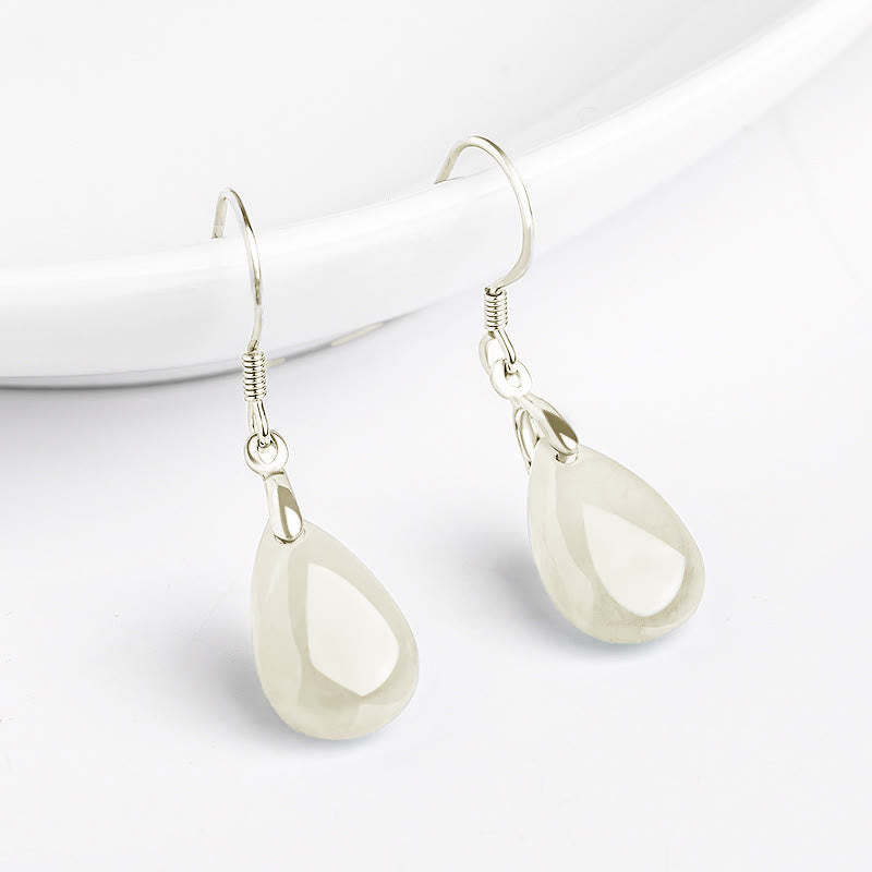 925 Sterling Silver Jade Water Drop Pattern Luck Prosperity Dangle Earrings