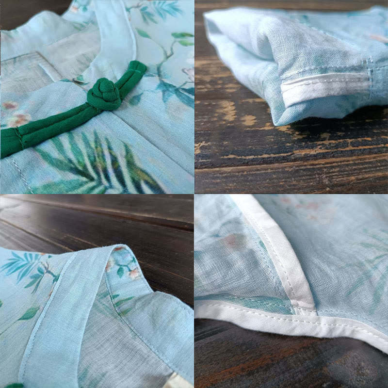 Light Green Pink Flowers Green Leaves Frog-Button Long Sleeve Ramie Linen Jacket Shirt