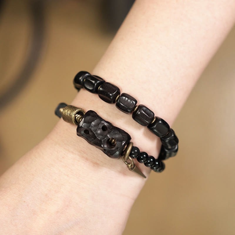 Ebony Wood Black Obsidian Copper Brass Peace Double Wrap Bracelet
