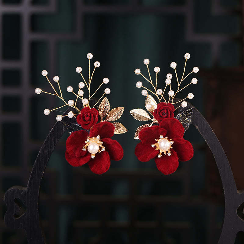 Antiquity Red Flowers Pearl Tassel Hair Clip Set