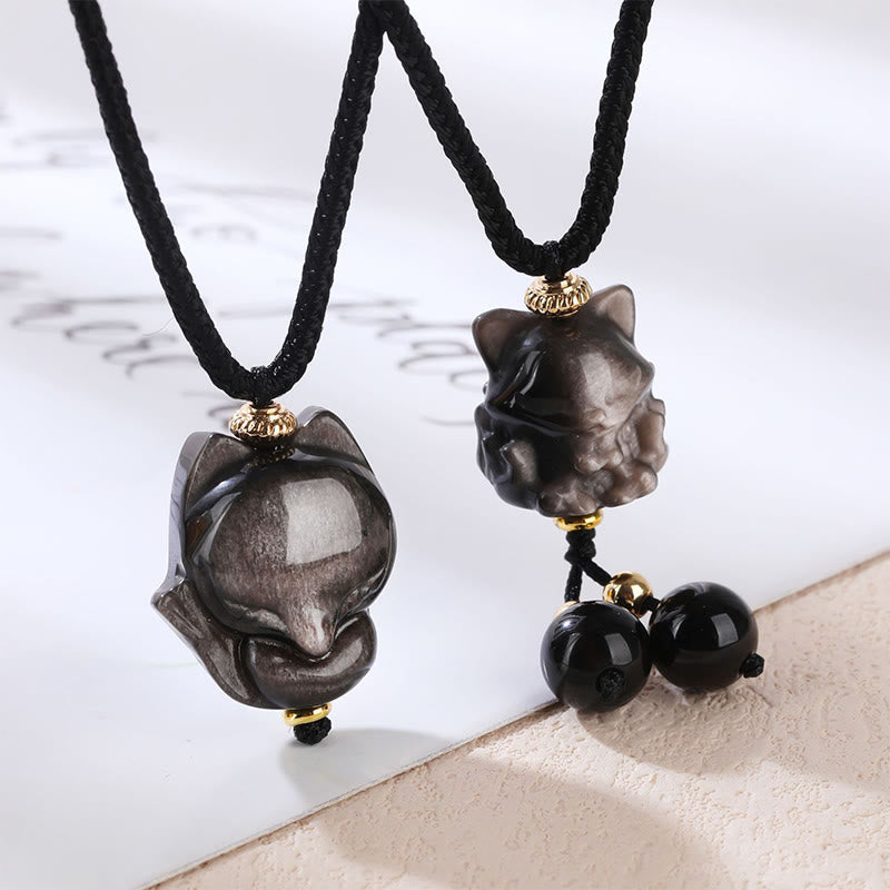 Natural Silver Sheen Obsidian Nine Tailed Fox Protection Necklace Pendant
