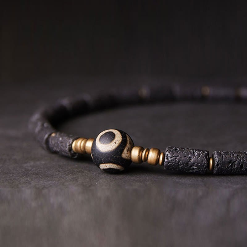 Vintage Lava Rock Three-eyed Dzi Bead Copper Brass Multi-turn Wrap Calm Bracelet