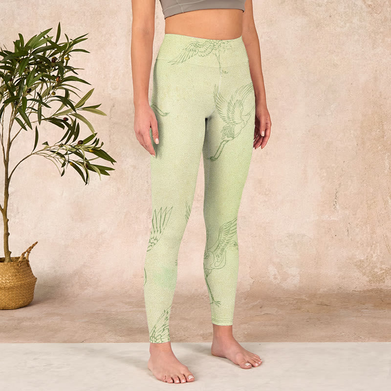 Light Yellow Crane Print Sports Leggings Women's Yoga Pants