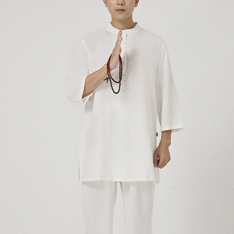 2Pcs Buttons Men's Three Quarter Sleeve Shirt Top Pants Meditation Zen Tai Chi Cotton Linen Clothing Set