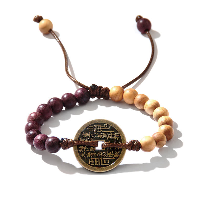 Ebony Wood Wenge Wood Mountain Ghosts Spend Money Bagua Copper Coin Peace Bracelet