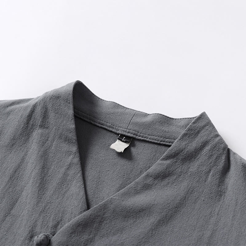 Casual Plain Color Two Buttons Three Quarter Sleeve Cotton Linen Men's Shirt