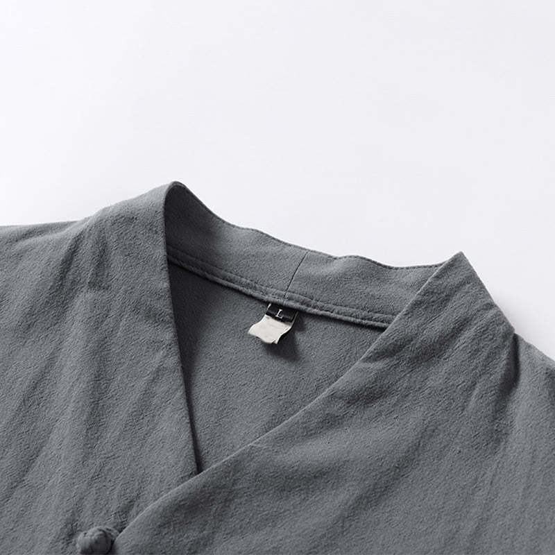 Casual Plain Color Two Buttons Three Quarter Sleeve Cotton Linen Men's Shirt