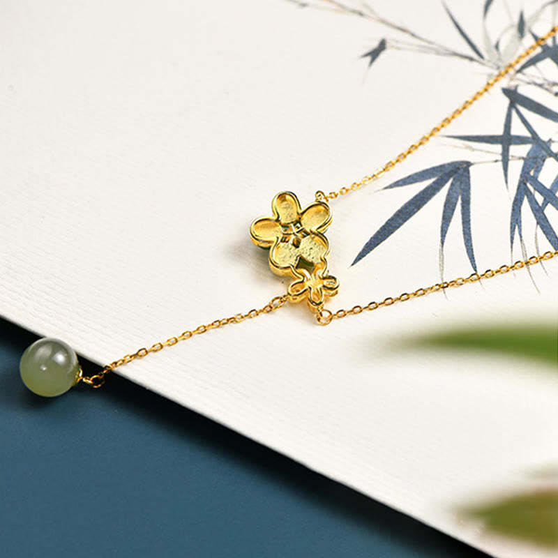 925 Sterling Silver Hetian Cyan Jade Plum Flower Blossom Design Luck Necklace Pendant