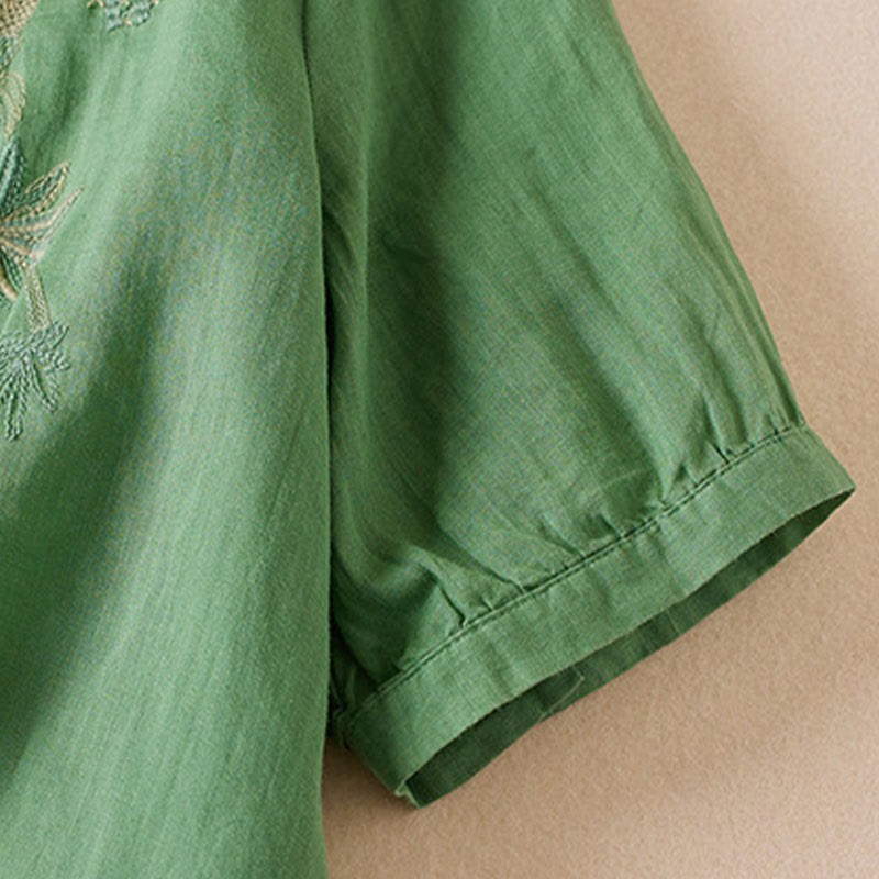 Casual Embroidery Plants Women's V-Neck Design Half Sleeve Cotton Blended Shirt