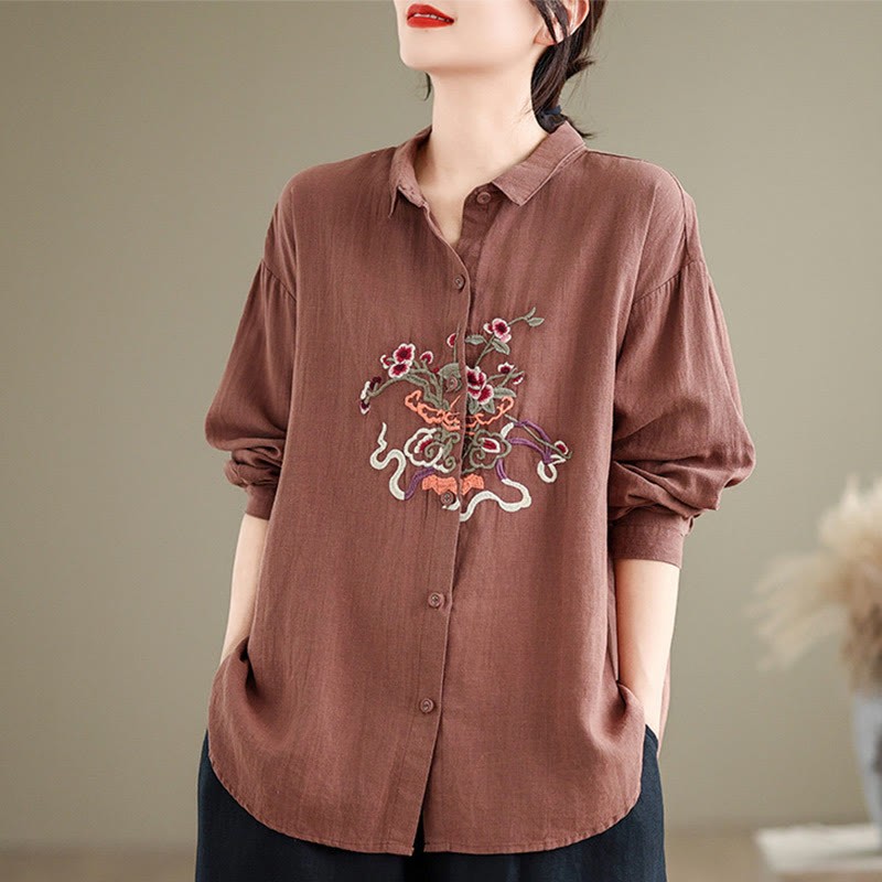 Flower Embroidery Long Sleeve Cotton Linen Women's Shirts