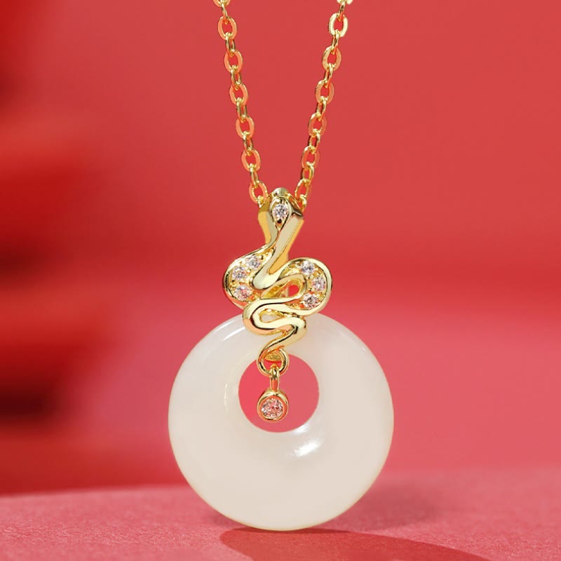925 Sterling Silver Hetian Jade Year Of The Snake Peace Buckle Luck Blessing Necklace Pendant