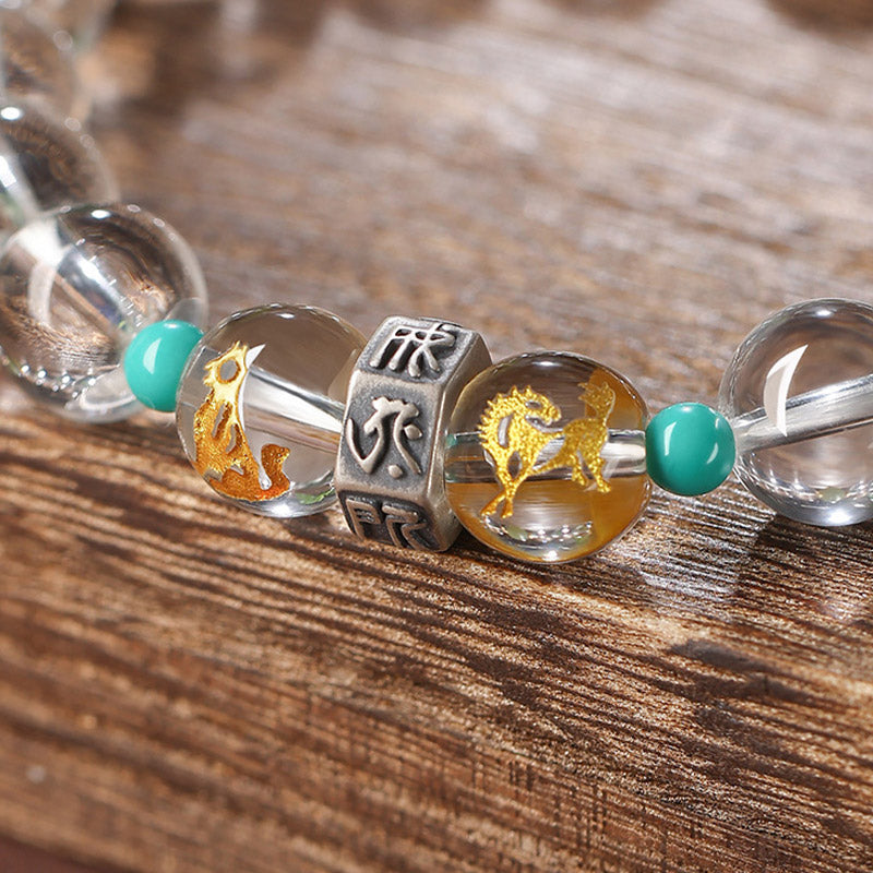 925 Sterling Silver Chinese Zodiac Natal mystic zen Auspicious Groups White Crystal Hetian Jade Healing Bracelet