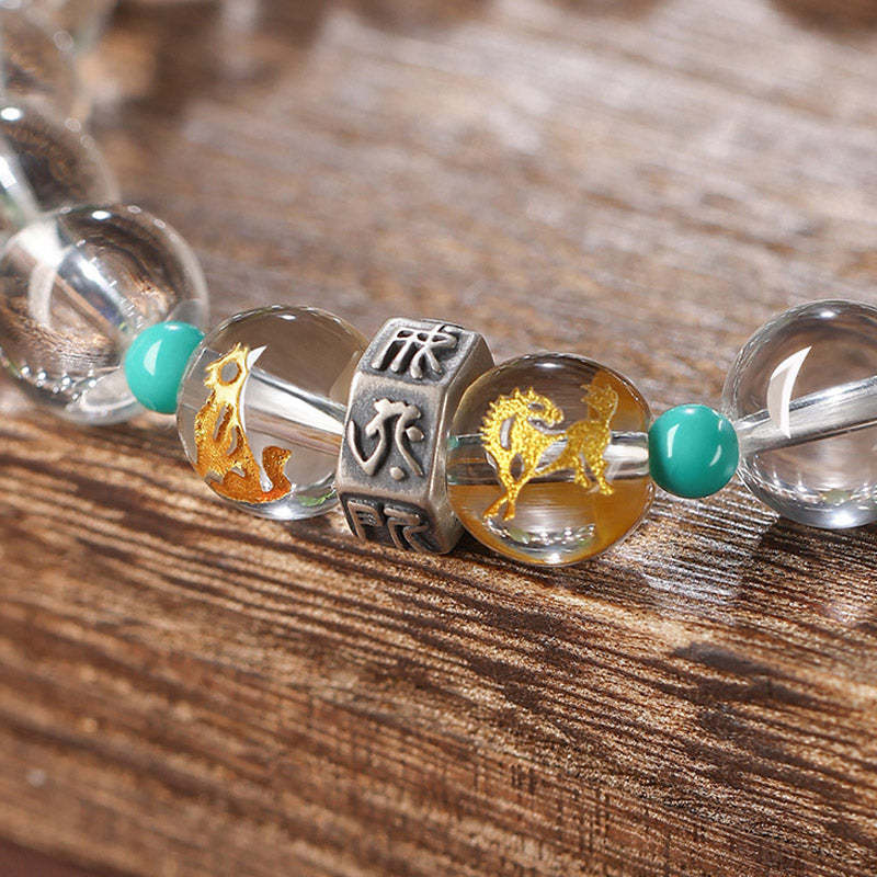 925 Sterling Silver Chinese Zodiac Natal mystic zen Auspicious Groups White Crystal Hetian Jade Healing Bracelet