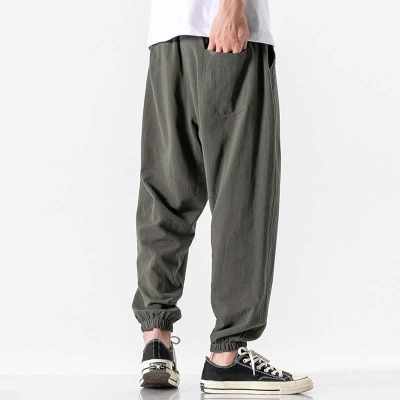 Solid Color Drawstring Cotton Men's Pants With Pockets