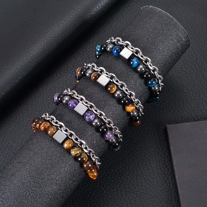 Colorful Tiger Eye Frosted Stone Black Magnetite Titanium Steel Double Wrap Protection Bracelet